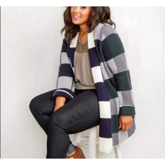 Modcloth Cardigan Women 2X Simply Snuggly Blue Green Plaid Open Front Preppy - Picture 2 of 13